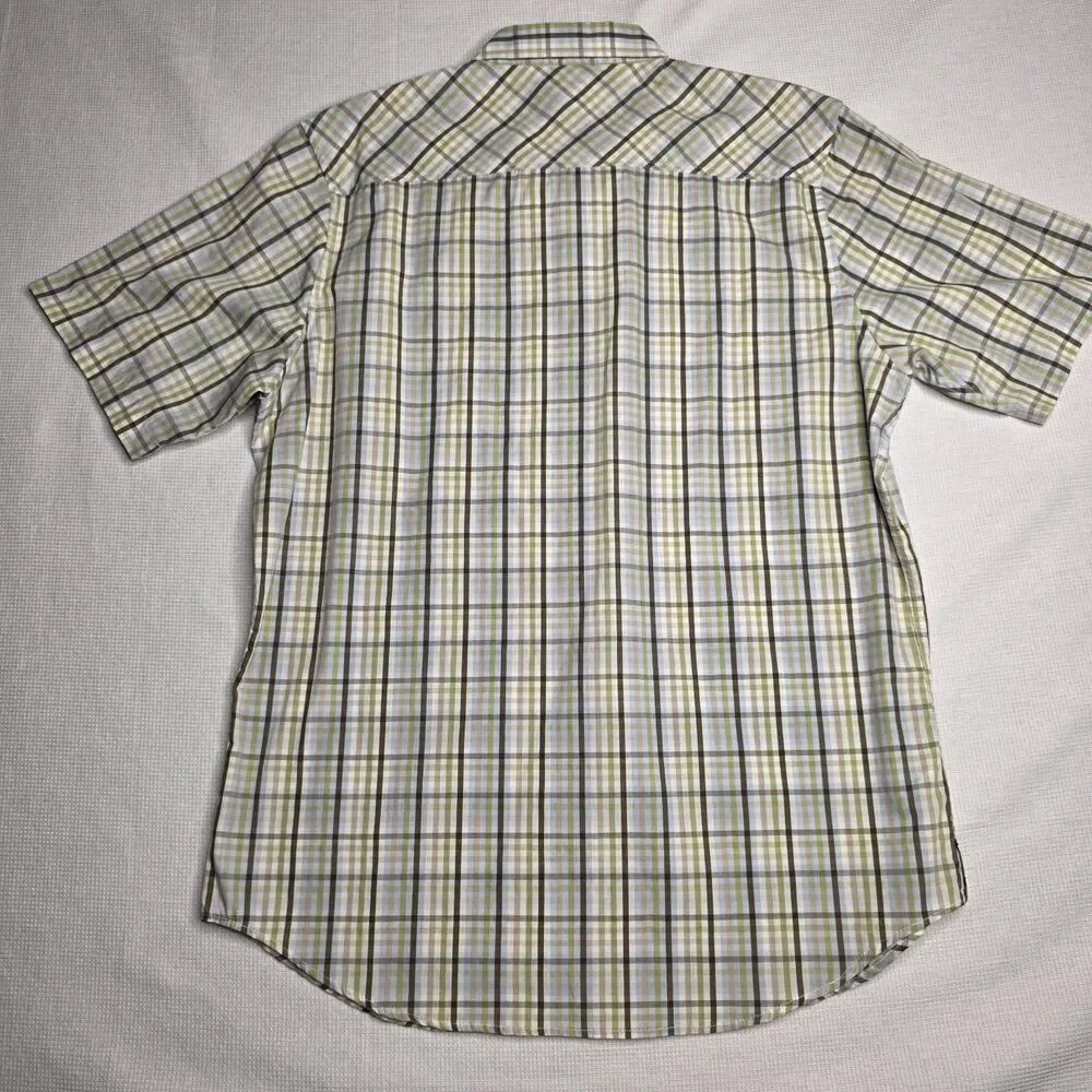 Billabong Men’s M White Olive Green Brown Blue Plaid Shirt SS Button Down